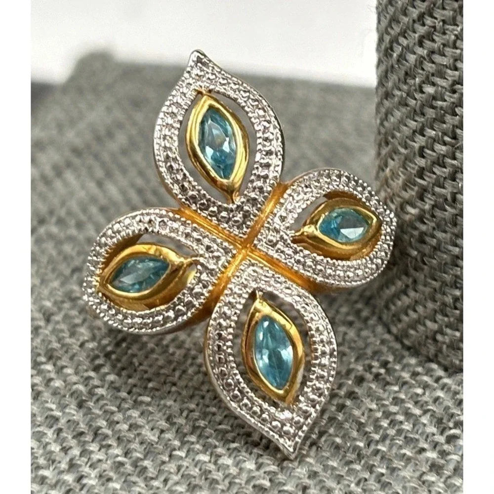 Gorgeous Blue Stone Marquise Cross Statement Ring Gold Tone Size 6